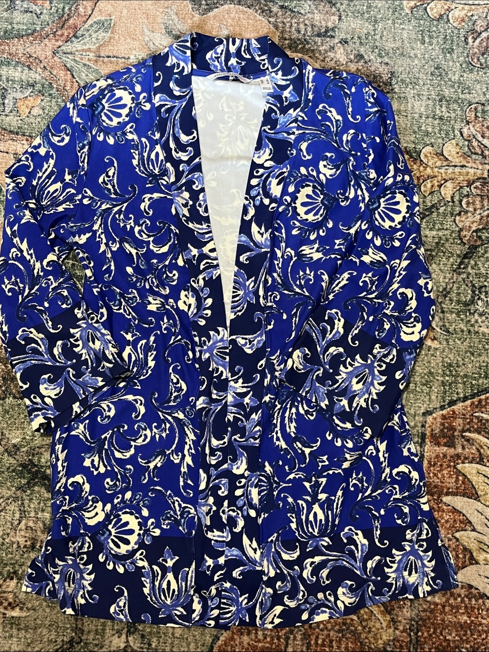 Isaac Mizrahi Live! Blue and Cream Colored Knit Cardigan with Side Pockets